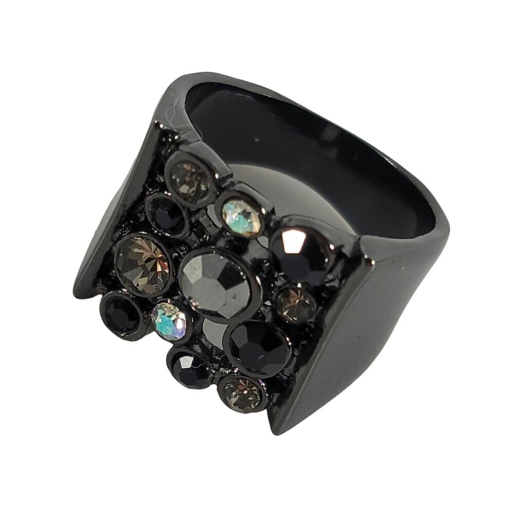 Signed G Vintage Ring Square Shape Face Cluster Black Gunmetal Rhinestones